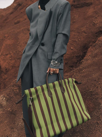 Large Capacity Canvas Tote Bag - Green Stripes, Drawstring Top, Leather Handles