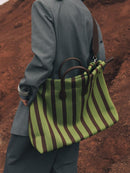 Large Capacity Canvas Tote Bag - Green Stripes, Drawstring Top, Leather Handles