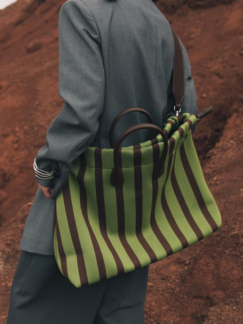 Large Capacity Canvas Tote Bag - Green Stripes, Drawstring Top, Leather Handles