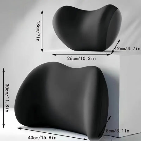 Black Ergonomic Memory Foam Car Headrest & Lumbar Support Cushion Set - Driving Comfort Neck & Back Pillow