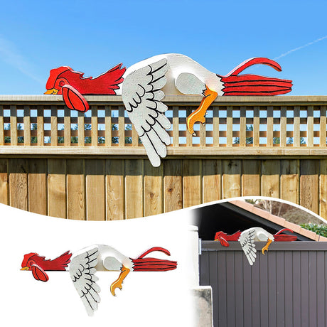 2 Pcs Red And White Whimsical Lazy Chicken Fence Topper - Funny PVC Garden & Home Decor Ornament