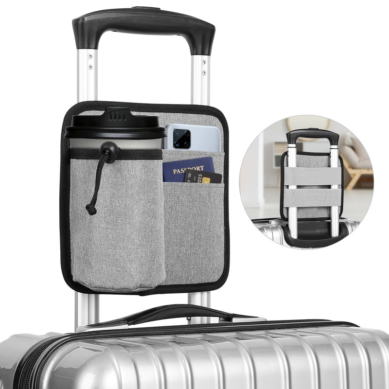 2 Pcs Black Hands-Free Luggage Handle Travel Cup Holder & Organizer Pouch