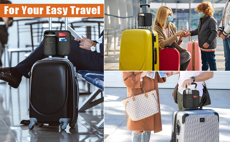 2 Pcs Black Hands-Free Luggage Handle Travel Cup Holder & Organizer Pouch