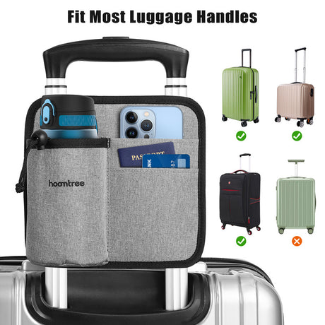 2 Pcs Grey Hands-Free Luggage Handle Travel Cup Holder & Organizer Pouch
