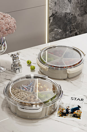 Beige And Beige Snap Button Elegant Compartment Serving Tray with Lid - Versatile Snack, Fruit & Candy Box