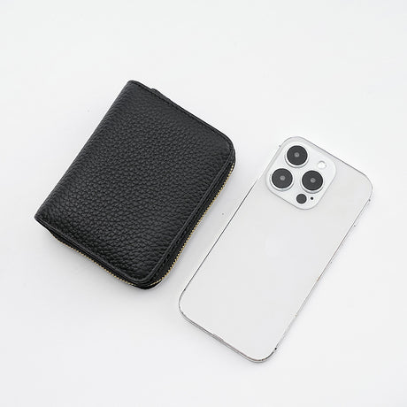Black Compact RFID Genuine Leather Wallet for Women - Secure Zipper Card Holder & Coin Purse
