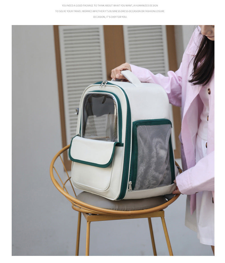 Beige And Pink Spacious Pet Carrier Backpack with Clear Window - Comfortable Travel Bag for Cats & Small Dogs