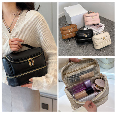 Beige Large Capacity Double Layer PU Leather Makeup Bag - Portable Travel Cosmetic Organizer Case