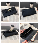 Beige Elegant Women's Turn Lock Long Wallet - Black PU Leather Clutch Purse with Card Slots & Zipper Pocket