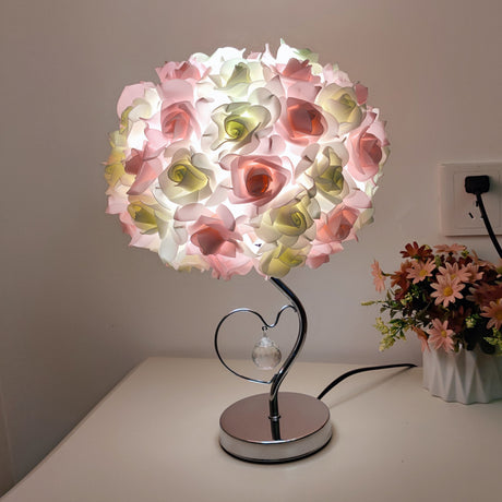 Beige Roses And Silver Base Romantic Red Rose Flower Table Lamp - Crystal Heart Accent Bedside Night Light