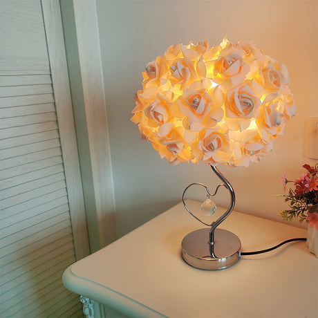 Beige Roses And Silver Base Romantic Red Rose Flower Table Lamp - Crystal Heart Accent Bedside Night Light