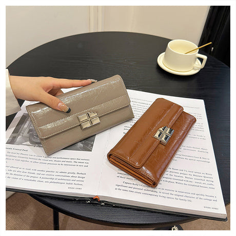 Beige Elegant Women's RFID Blocking Long Wallet - PU Leather Clutch Purse with Clasp