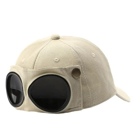 Beige Stylish Aviator Goggle Baseball Cap - Unisex Outdoor Cotton Sun Hat