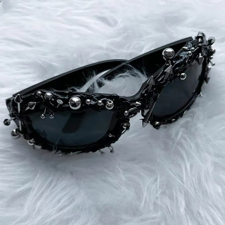 Black Edgy Punk Rock Spiked Sunglasses - Statement Goth Studded Eyewear