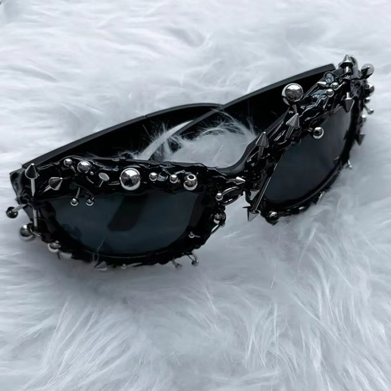 Black Edgy Punk Rock Spiked Sunglasses - Statement Goth Studded Eyewear