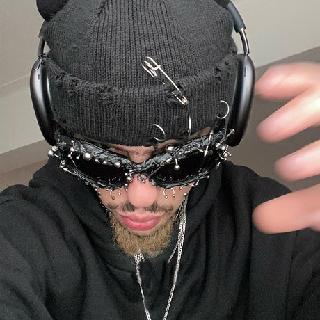 Black Edgy Punk Rock Spiked Sunglasses - Statement Goth Studded Eyewear