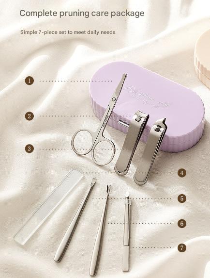 Beige Compact 7-Piece Manicure Set - Stainless Steel Nail Grooming Kit with Stylish Travel Case