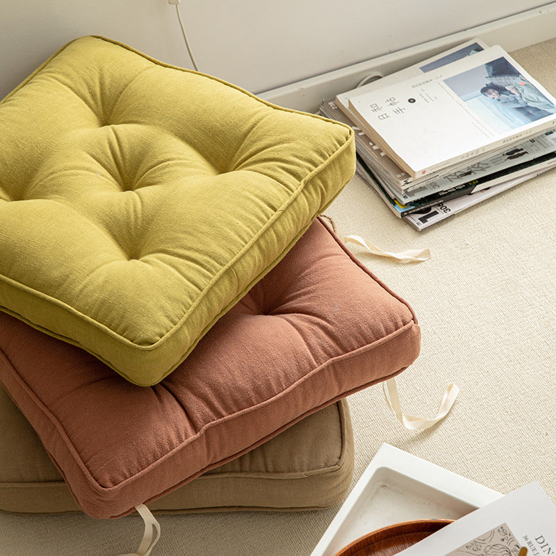 Beige Soft And Thick Seat Cushion - Cotton Linen Blend Chair Pad with Ties - 43x43cm