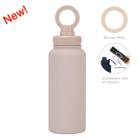 Beige 1L Stainless Steel Water Bottle with Magnetic Phone Holder Lid - Portable Hydration & Hands-Free Stand