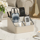 Beige and Black Stylish PU Leather Desktop Organizer Caddy - Multi-Compartment Holder for Remotes, Office Supplies, Makeup