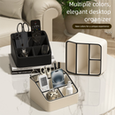 Beige and Black Stylish PU Leather Desktop Organizer Caddy - Multi-Compartment Holder for Remotes, Office Supplies, Makeup