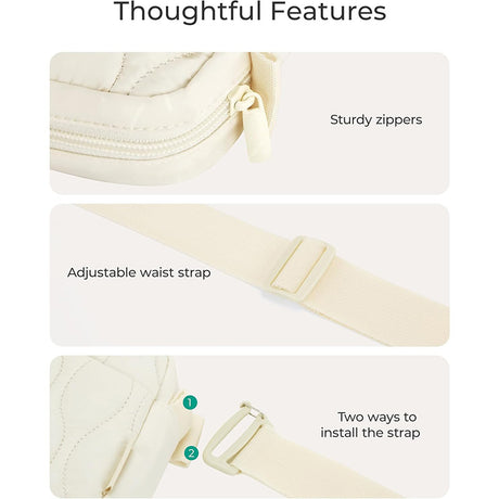 Beige Stylish Quilted Belt Bag - Lightweight Nylon Crossbody Fanny Pack