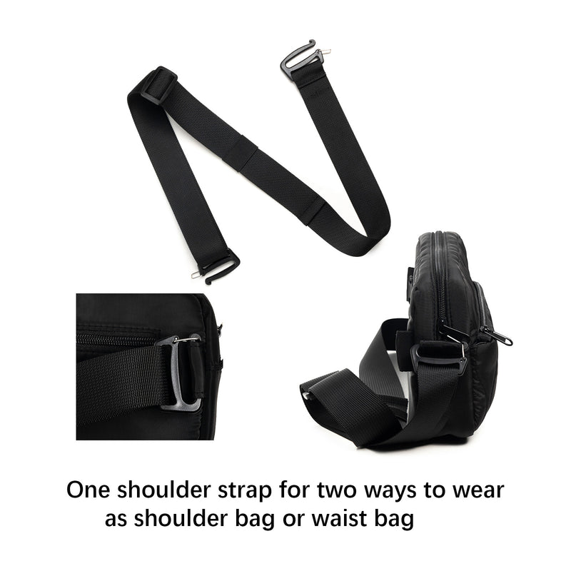 Black Stylish Quilted Belt Bag - Lightweight Nylon Crossbody Fanny Pack