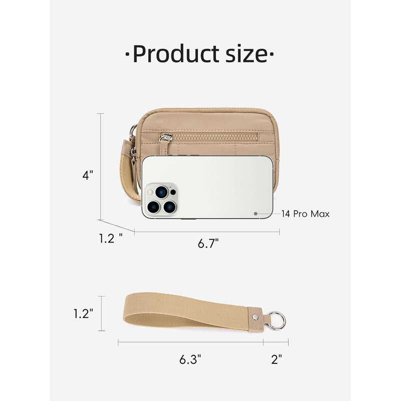 Beige RFID Blocking Nylon Wristlet Clutch Wallet - Compact Waterproof Pouch with Card Slots & ID Window