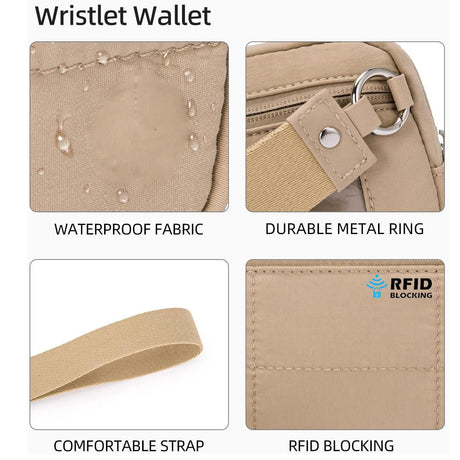 Beige RFID Blocking Nylon Wristlet Clutch Wallet - Compact Waterproof Pouch with Card Slots & ID Window