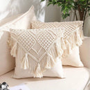 Black Boho Chic Macrame Cushion Cover - Handmade Woven Cotton Linen Pillow Case with Tassels - Decorative Throw Pillow Sham 45x45cm (Cover Only)