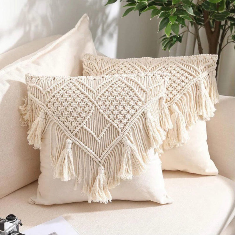 Black Boho Chic Macrame Cushion Cover - Handmade Woven Cotton Linen Pillow Case with Tassels - Decorative Throw Pillow Sham 45x45cm (Cover Only)