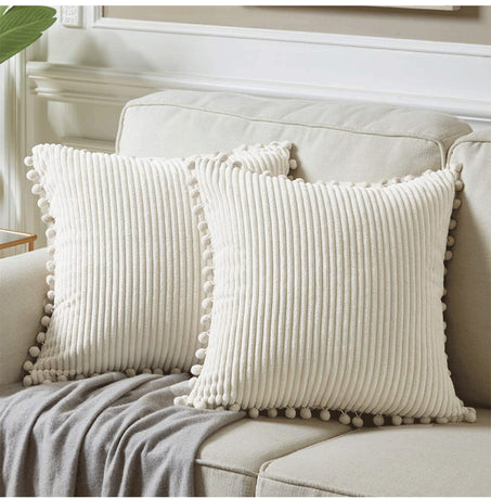 Beige Soft Corduroy Cushion Cover Set (1 Square + 1 Rectangular) with Pom Pom Trim - Decorative Throw Pillow Cases for Sofa Couch