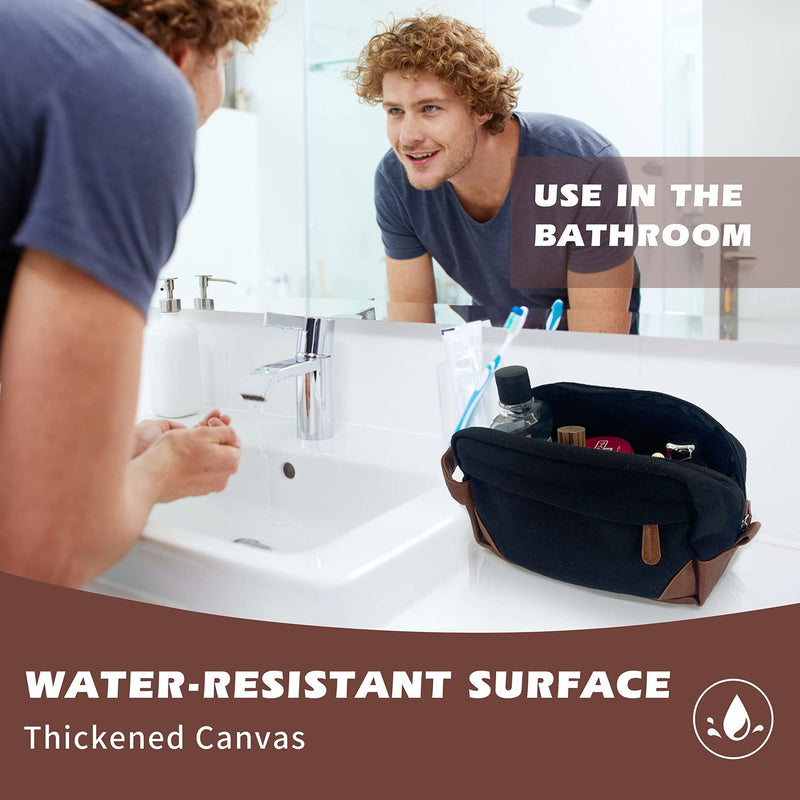 Black And Brown Men's Canvas Toiletry Bag - Large Capacity Water-Resistant Travel Organizer Dopp Kit with Handle
