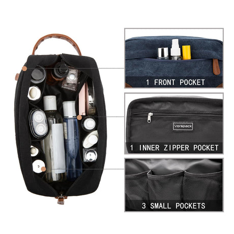 Black And Brown Men's Canvas Toiletry Bag - Large Capacity Water-Resistant Travel Organizer Dopp Kit with Handle