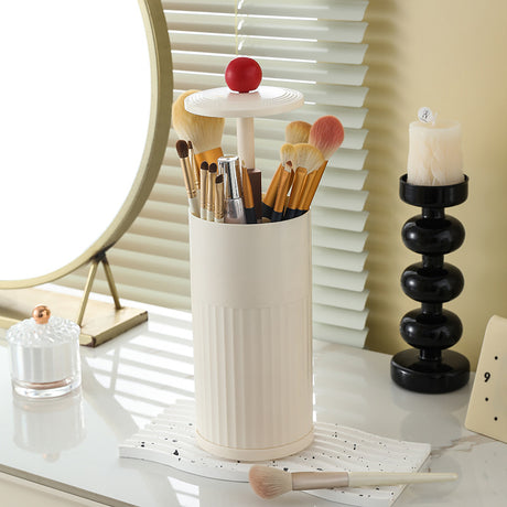 Beige Automatic Lifting Makeup Brush Holder - Dustproof Desktop Organizer with Lid & Compartments