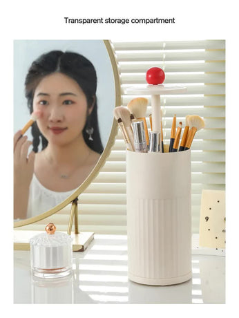 Black Automatic Lifting Makeup Brush Holder - Dustproof Desktop Organizer with Lid & Compartments