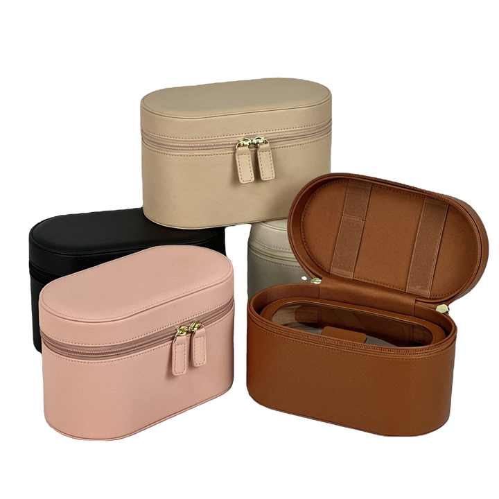 Pink Elegant PU Leather Makeup & Toiletry Bag - Large Capacity Travel Cosmetic Organizer with Brush Holder