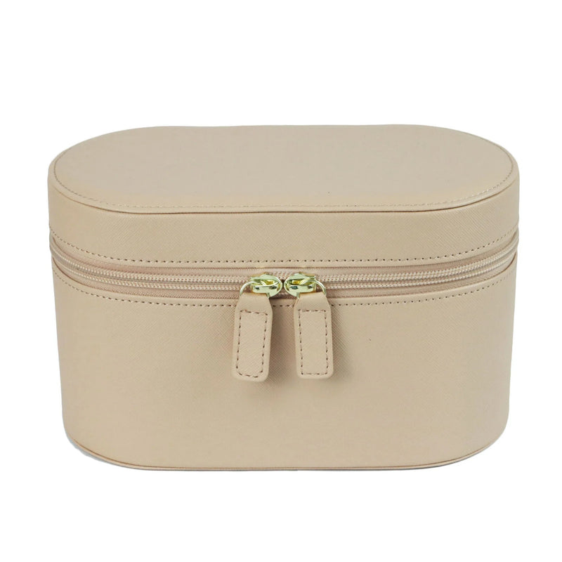 Beige Elegant PU Leather Makeup & Toiletry Bag - Large Capacity Travel Cosmetic Organizer with Brush Holder