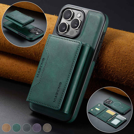Green Premium MagSafe Wallet Case for iPhone 16 Pro - Detachable PU Leather Magnetic Card Holder