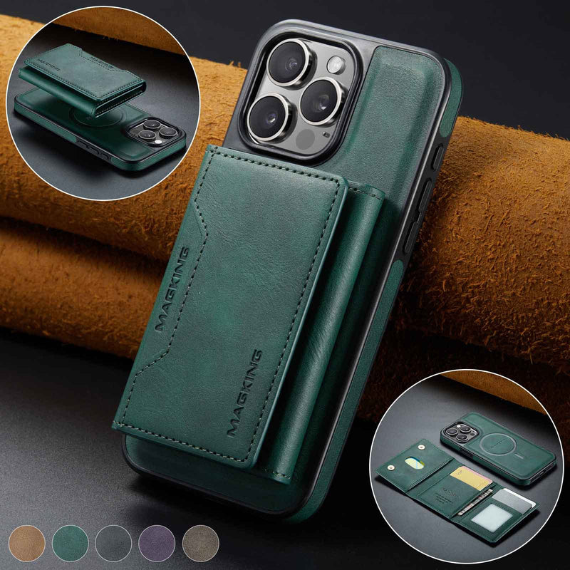 Green Premium MagSafe Wallet Case for iPhone 16 Pro - Detachable PU Leather Magnetic Card Holder