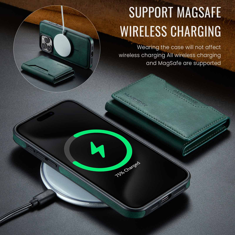 Green Premium MagSafe Wallet Case for iPhone 16 Pro - Detachable PU Leather Magnetic Card Holder