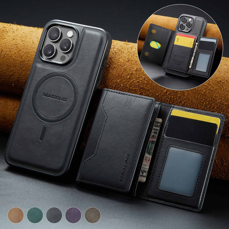 Black Premium MagSafe Wallet Case for iPhone 16 Pro - Detachable PU Leather Magnetic Card Holder