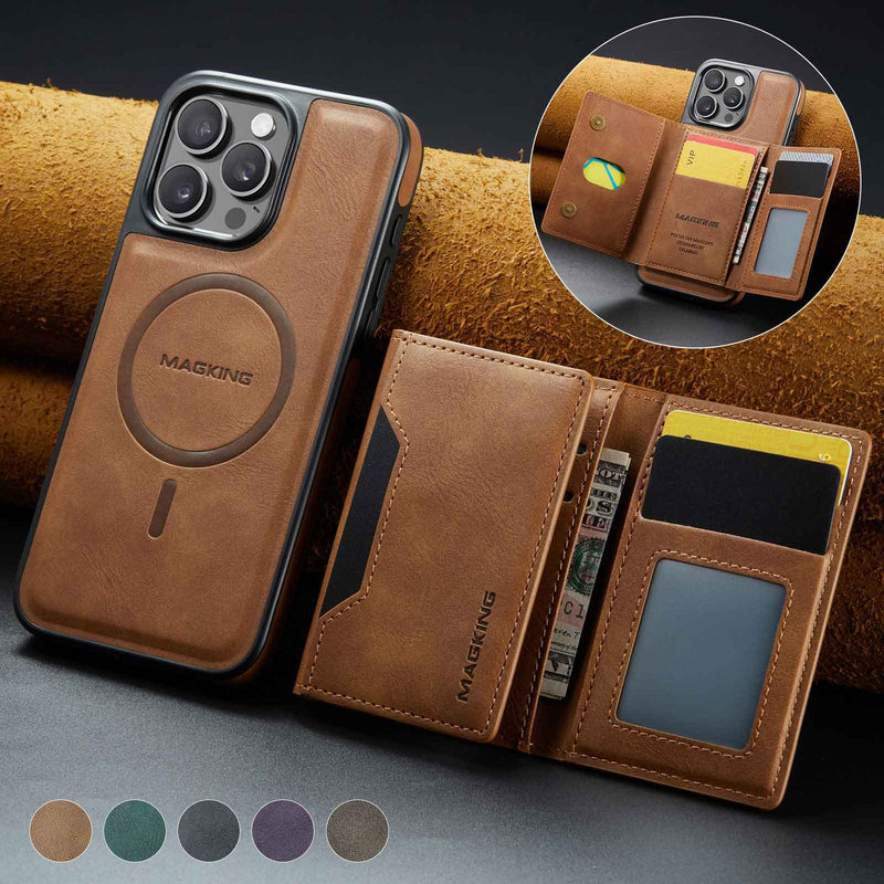 Brown Premium MagSafe Wallet Case for iPhone 16 Pro - Detachable PU Leather Magnetic Card Holder