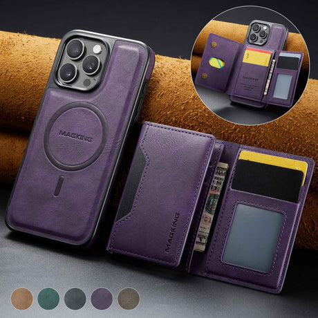 Purple Premium MagSafe Wallet Case for iPhone 16 Pro - Detachable PU Leather Magnetic Card Holder