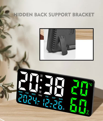 Black Background With Green and White Light Sleek Large LED Digital Wall & Desk Clock - Remote Control, Temperature, Humidity, Dual Alarms, Calendar