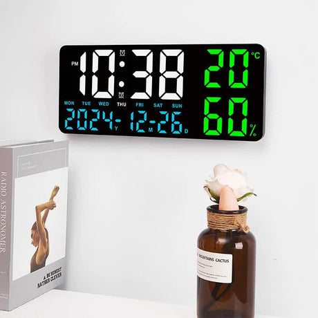 Black Background With Green and White Light Sleek Large LED Digital Wall & Desk Clock - Remote Control, Temperature, Humidity, Dual Alarms, Calendar