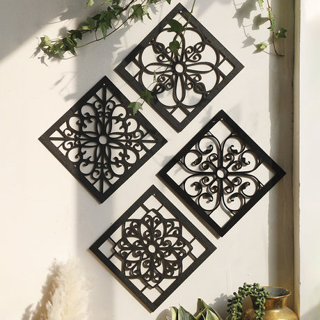 Black Set of 4 Intricate Black Wooden Wall Art Panels - Diamond Mandala Style Home Decor Plaques