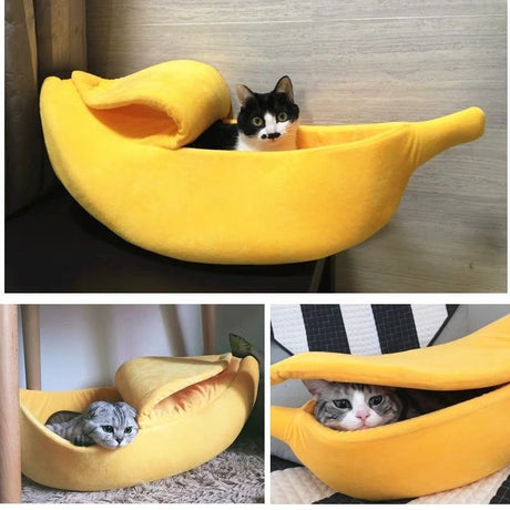 Beige Cozy Banana Peel Pet Bed - Plush & Warm Cave House for Cats & Small Dogs (Large)