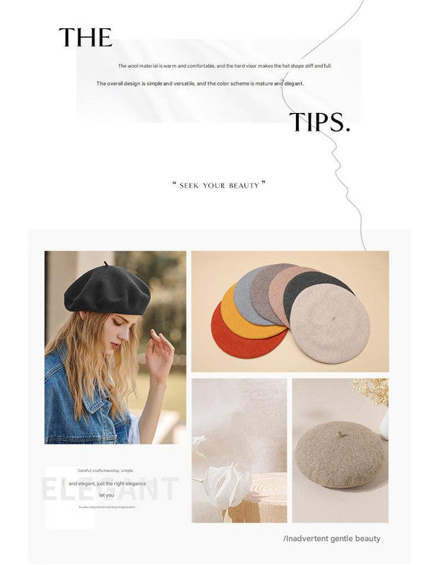 Black Elegant Wool Beret - Classic Warm Thick British Style Hat for Autumn & Winter