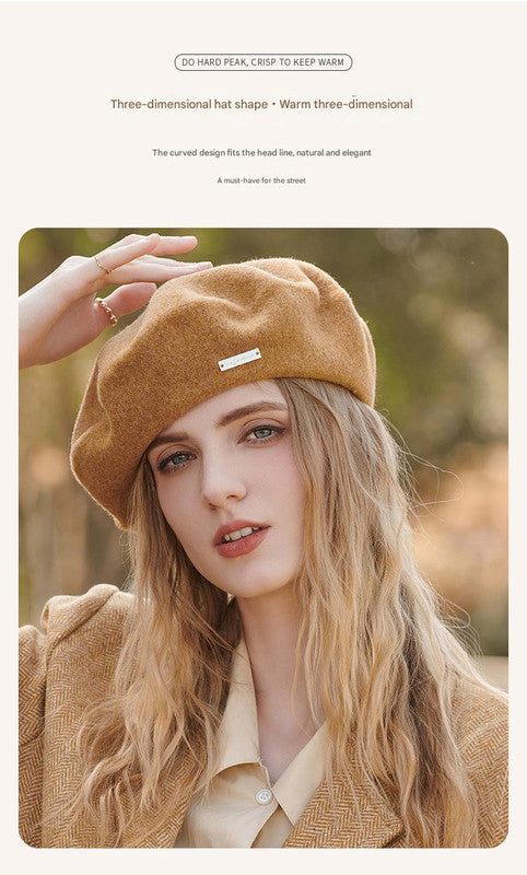 Beige Elegant Wool Beret - Classic Warm Thick British Style Hat for Autumn & Winter